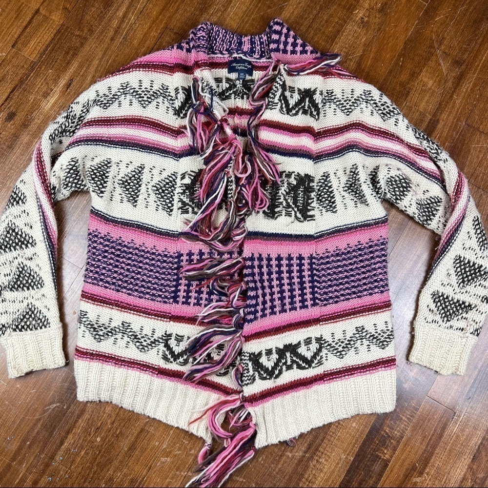 American Eagle Size Medium Southwestern Fringe Cardigan Aztec Western Boho Knit